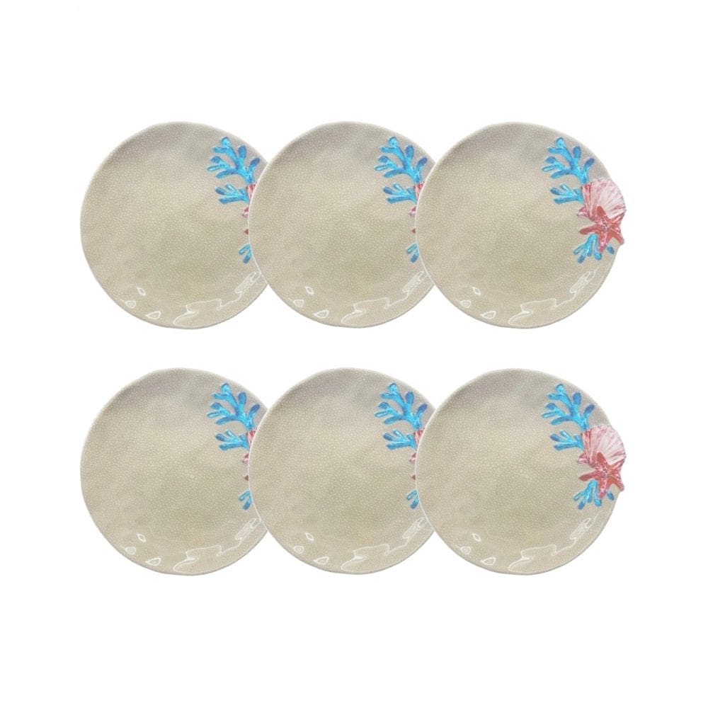 Cj 6 Pratos P/Sobremesa de Melamina Bege C/Desenho Marinho Concha do Mar Rosé 23,5cm Entrecasa