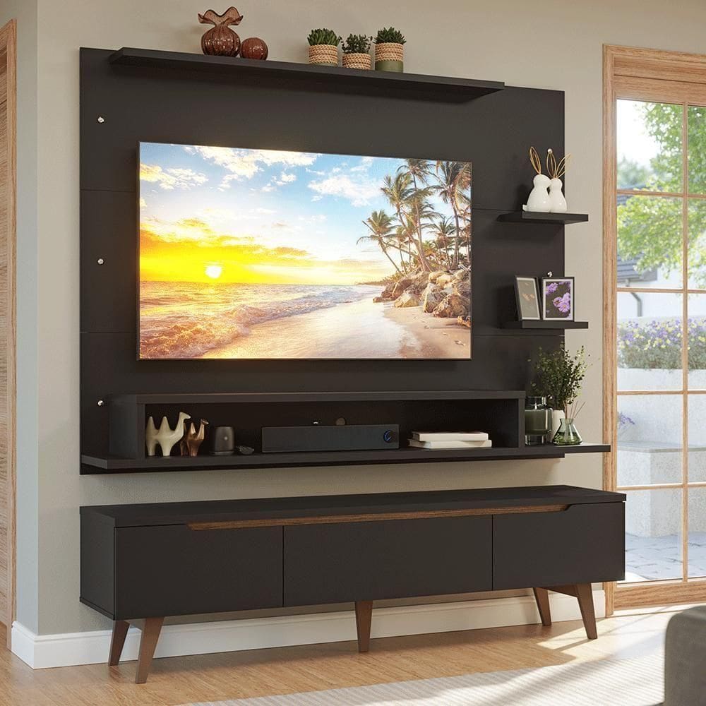 Rack Com Painel Para Tv Até 60 Polegadas 180 Cm Com Pés Preto/rustic Reims Madesa Preto/rustic