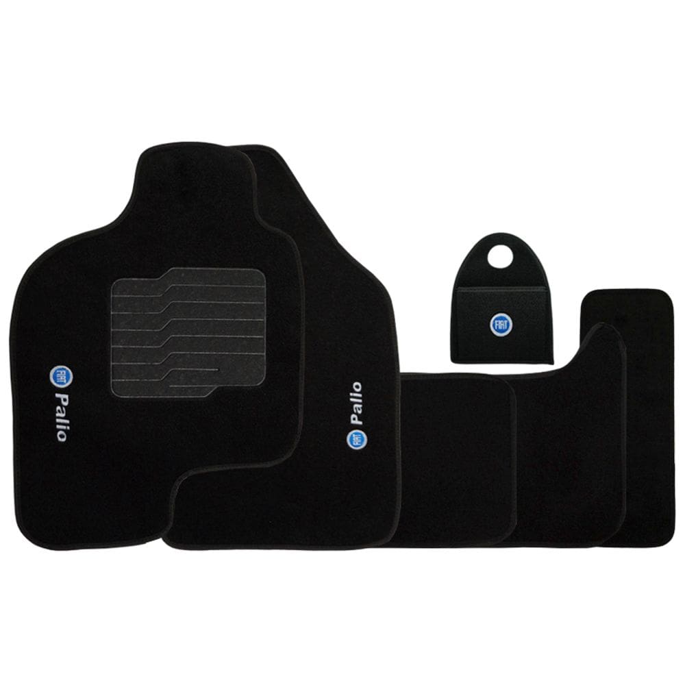 Jogo Tapete Automotivo Carpete + Lixeira Fiat Palio 1996 à 2007 Soft Logo Bordado Preto 6 Peças