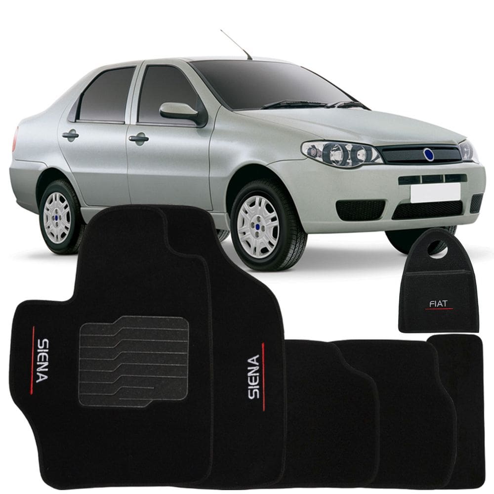 Jogo Tapete Automotivo Carpete + Lixeira Fiat Siena 2001 à 2012 Soft Logo Bordado Preto 6 Peças
