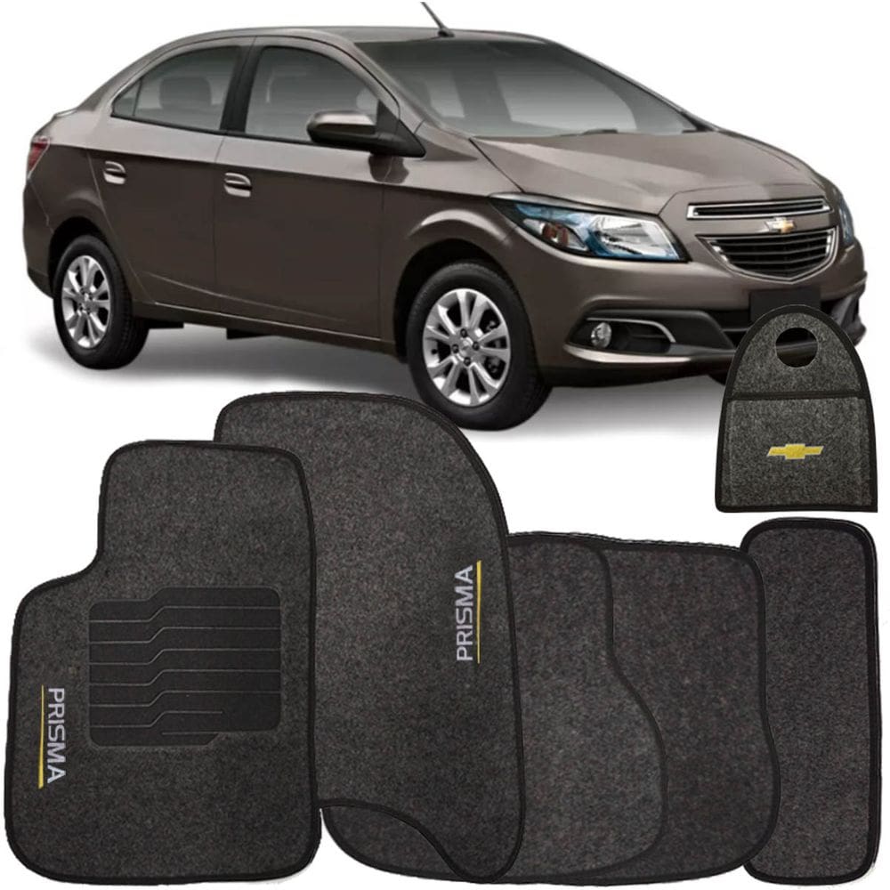 Jogo Tapete Automotivo Carpete + Lixeira Prisma 2013 à 2019 Soft Logo Bordado Grafite 6 Peças