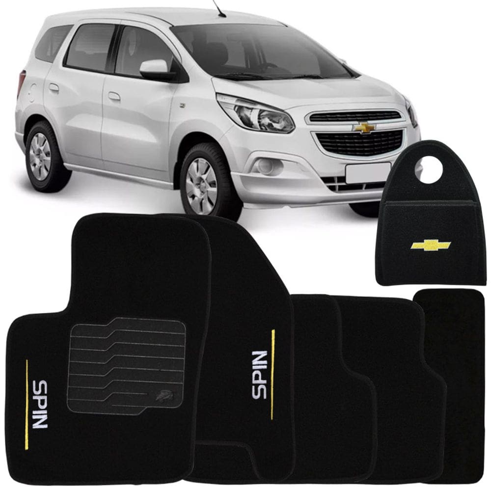 Jogo Tapete Automotivo Carpete + Lixeira Spin 2012 à 2018 Soft Logo Bordado Preto 6 Peças