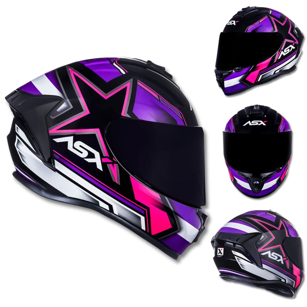 Capacete ASX Draken Pilot Preto Lilas e Rosa