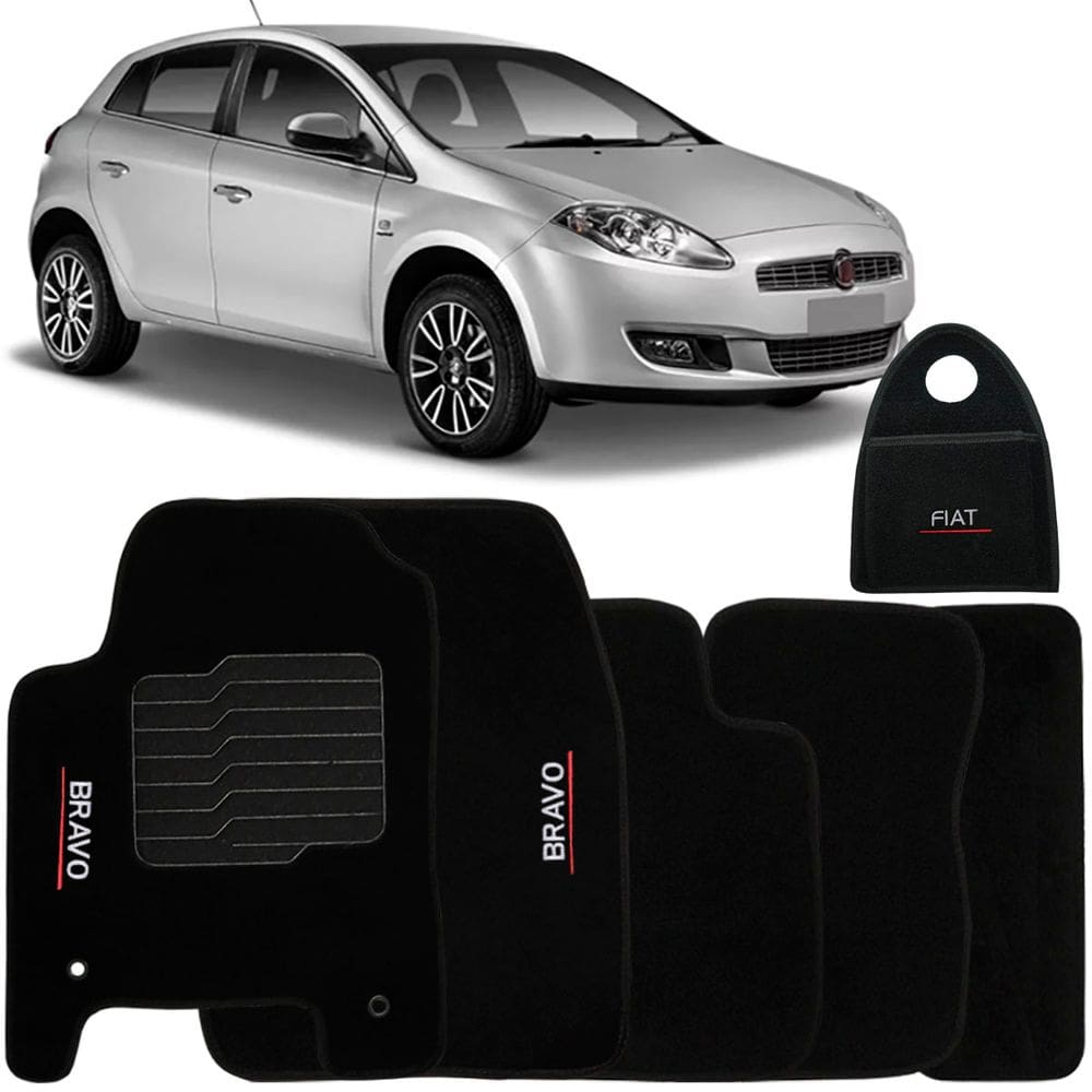Jogo Tapete Automotivo Carpete + Lixeira Fiat Bravo 2011 à 2016 Soft Logo Bordado Preto 6 Peças
