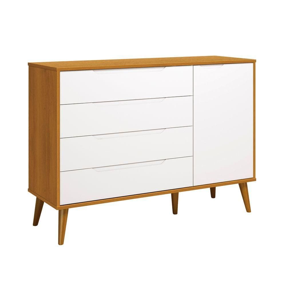 Comoda Sapateira Elfe Retro 1 Porta 4 Gavetas Branco Fosco Com Savana - Moveisaqui