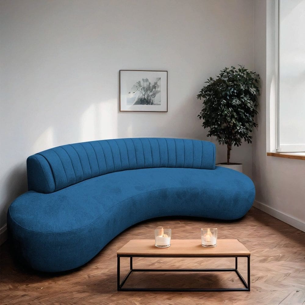 Divã Recamier Curvo Sala Estar Luxo 160cm Linho Celeste Azul royal