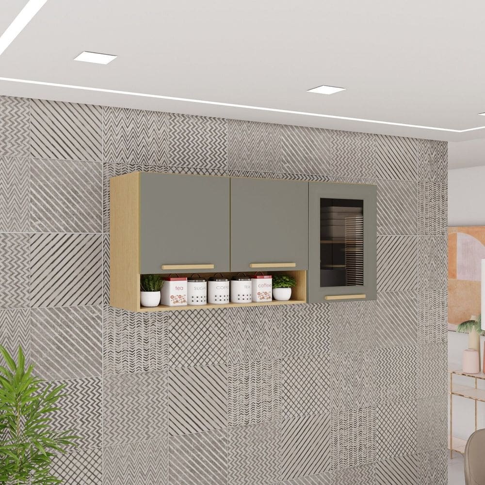 Armário Aéreo 3 Portas Vidro Fumê Bella Jequitibá/Granizo