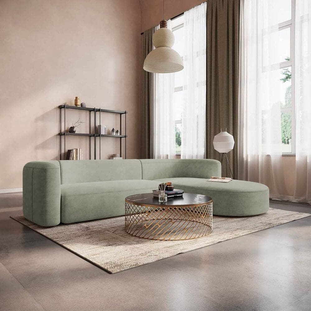 Sofá Modular Sala de Estar Decoração Luxo 265cm Lado Esquerdo Bouclé Celinne Luxuoso Verde Oliva