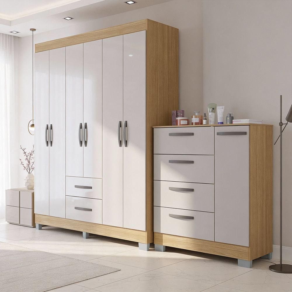 Kit Guarda Roupa Atenas E Cômoda Poquema Damasco/off White