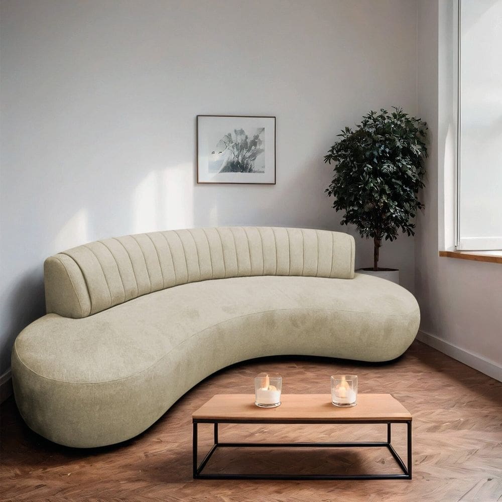 Divã Recamier Curvo Sala Estar Luxo 200cm Bouclé Celeste Bege