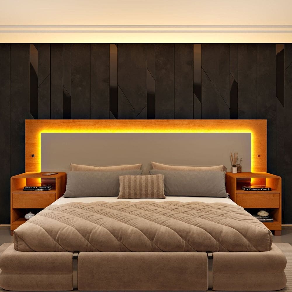 Cabeceira Box Casal Queen 100% Mdf com Led e 2 Gavetas 268cm X 72cm Organica Luna Cinamomo/Off White