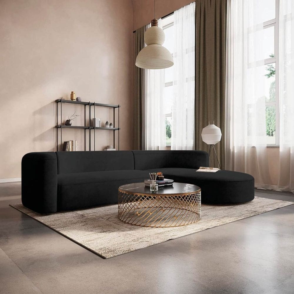 Sofá Modular Sala de Estar Decoração Luxo 265cm Lado Esquerdo Linho Celinne Luxuoso Preto