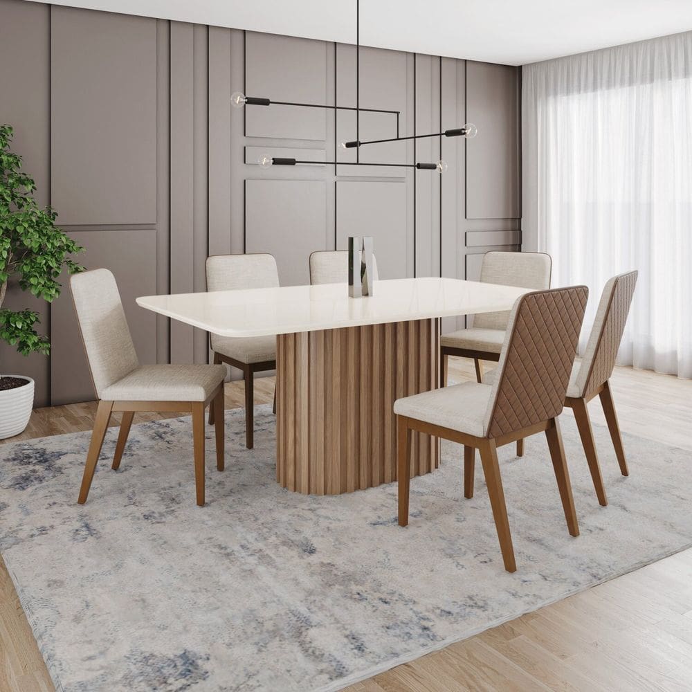 Conjunto Mesa Solana 160cm com Vidro 06 Cadeiras Pietra Marrom/Off White/Caramelo