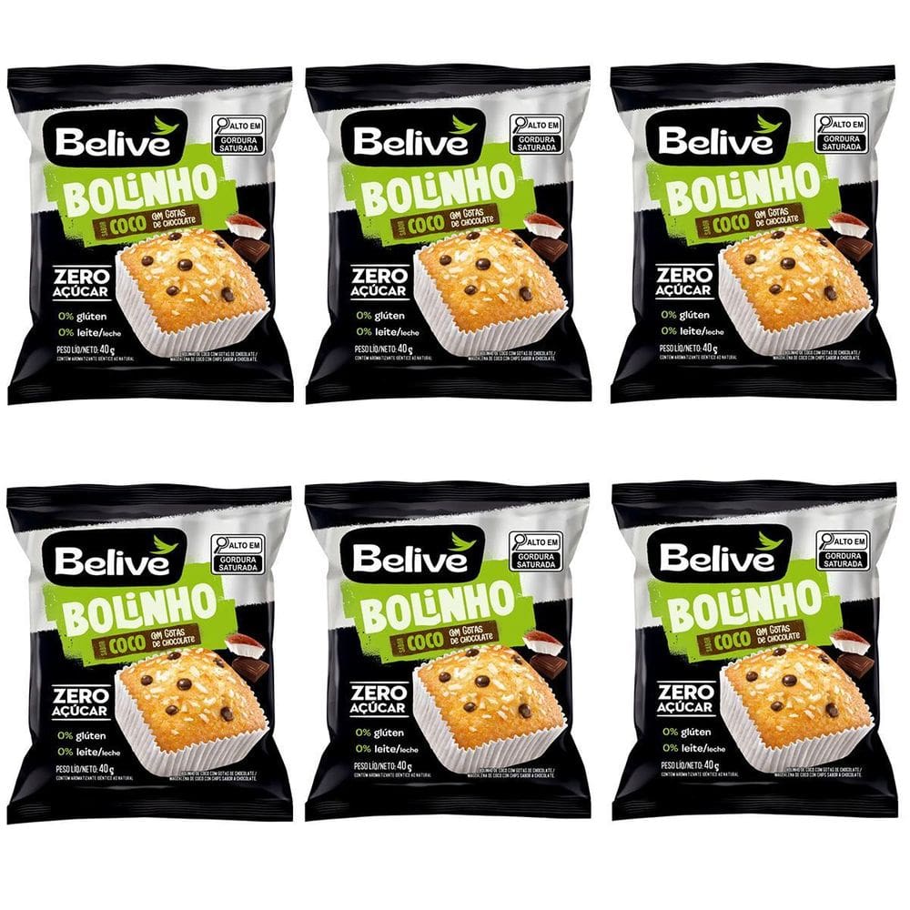 Kit 6 Bolinho Sabor Coco Com Gotas De Chocolate 40G Belive