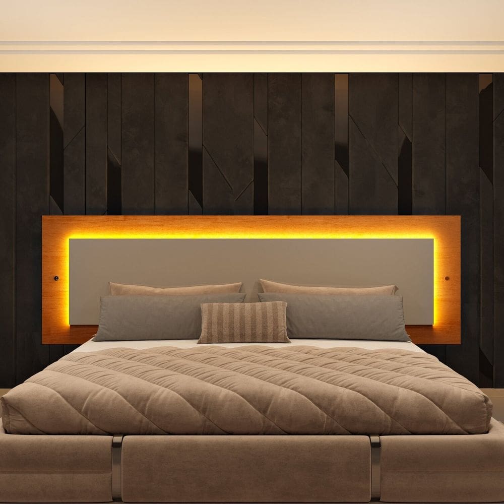 Cabeceira Box Casal Queen com Led 100% Mdf 268cm X 72cm Orgânica Luna Espresso Móveis Cinamomo/Off White