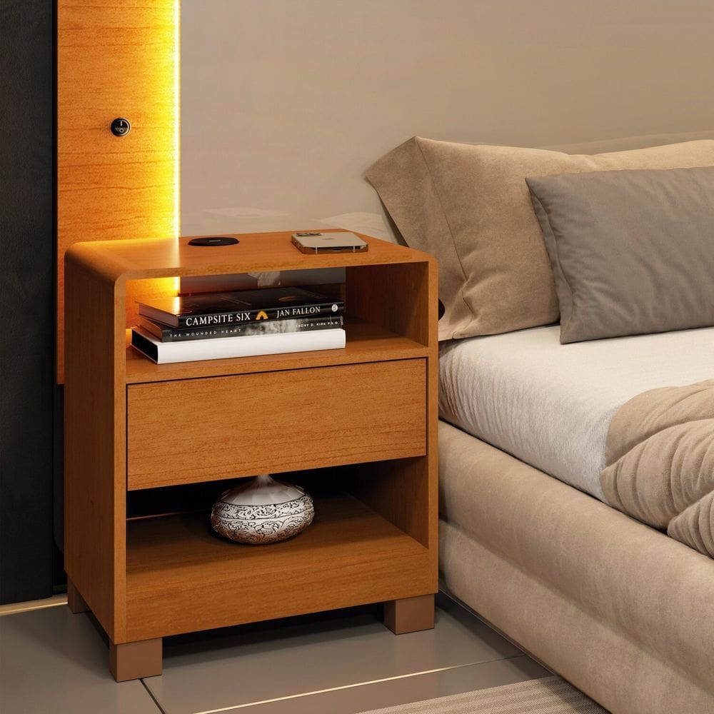 Mesa de Cabeceira 1 Gaveta com Carregador Usb 100% Mdf 46cm X 63cm Orgânica Luna Cinamomo