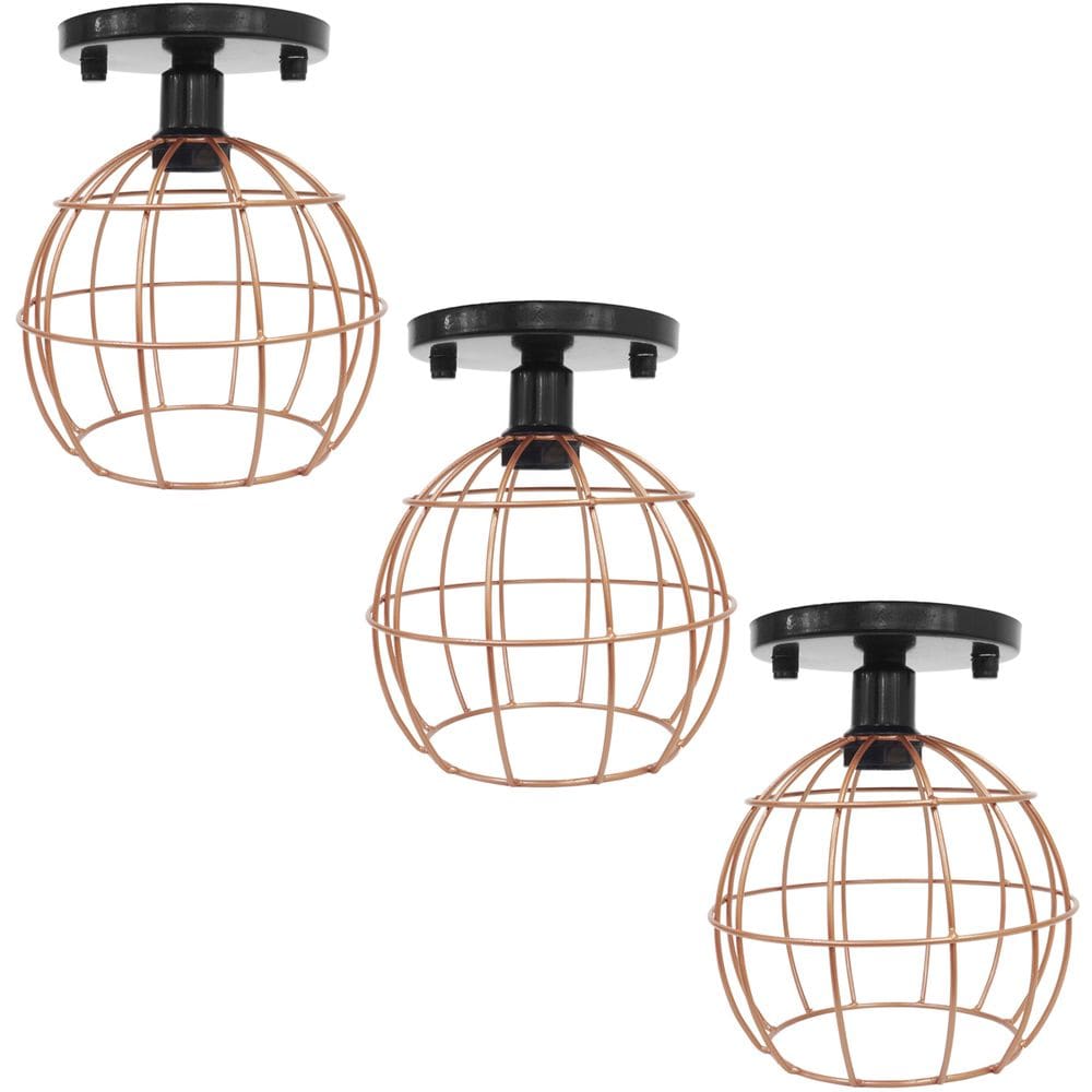 3 Lustres Teto Plafon Industrial Aramado Globo Cobre Rose Retrô Luminária Vintage Preto Agp Ilumini