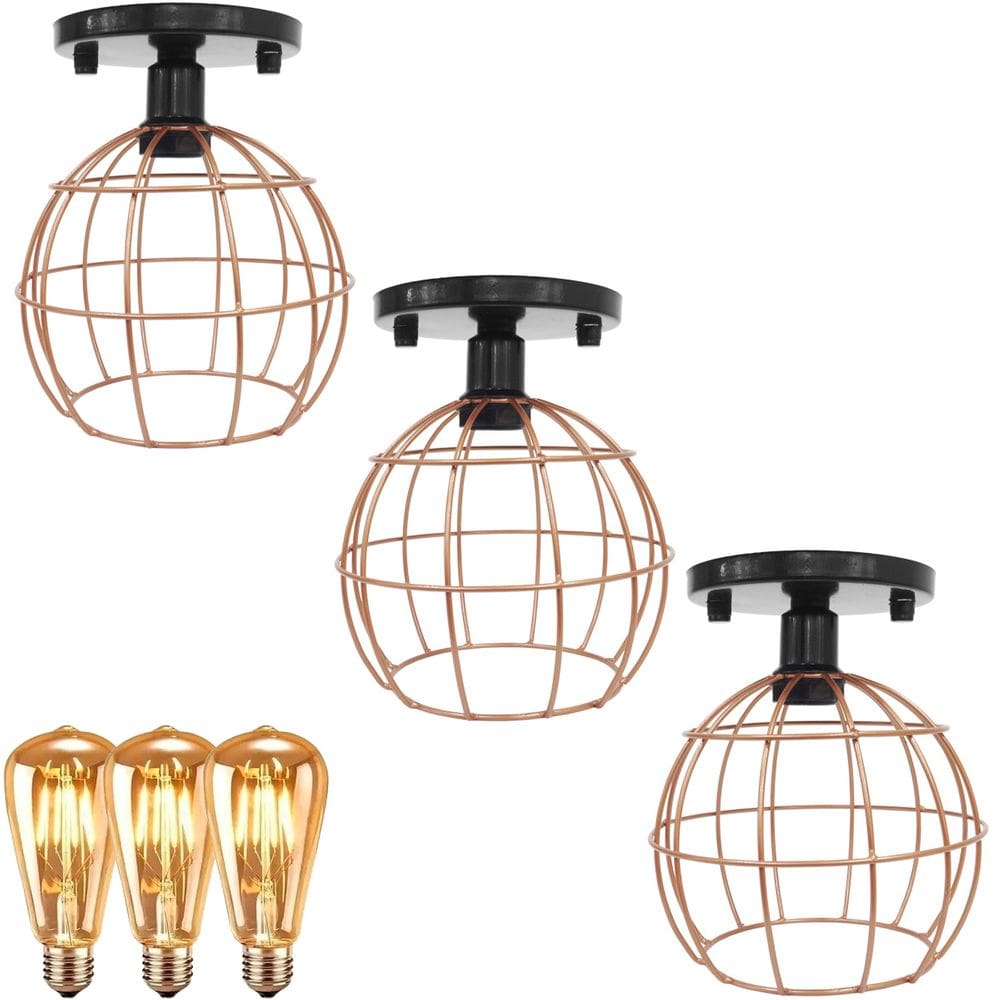 3 Lustres Teto Plafon + 3 Lâmpadas Led St64 Industrial Aramado Globo Cobre Rose Gold Vintage Preto