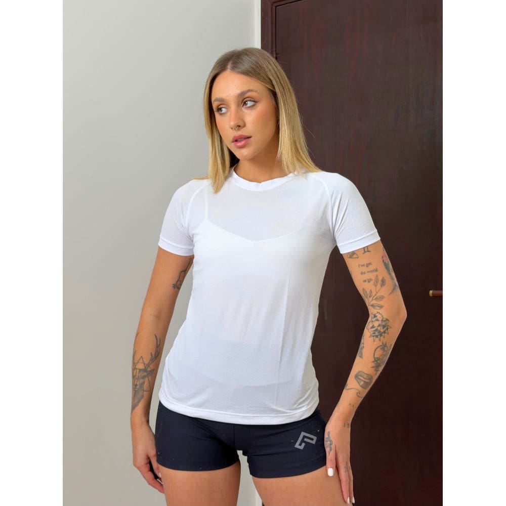 Camiseta Feminina Raglan Dry Proteção Solar UV Lisa Corrida Academia Ciclismo Esporte - Branca
