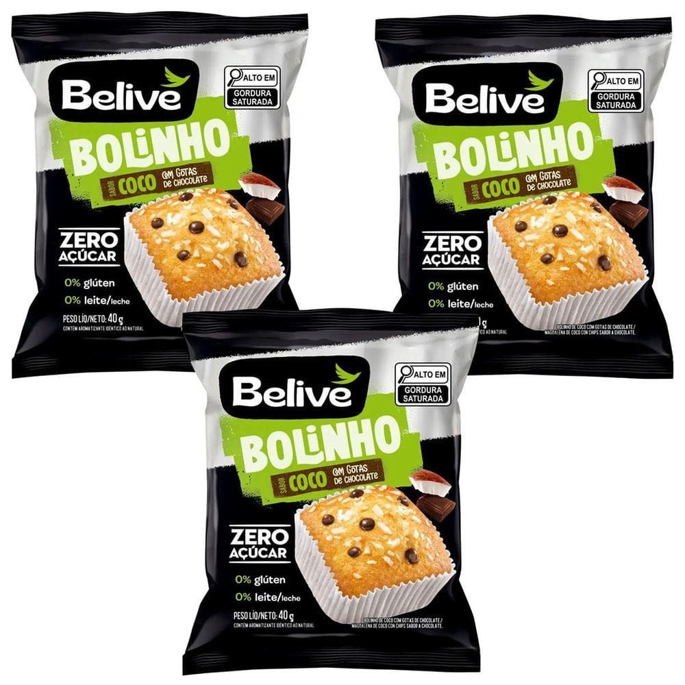 Kit 3 Bolinho Sabor Coco Com Gotas De Chocolate 40G Belive