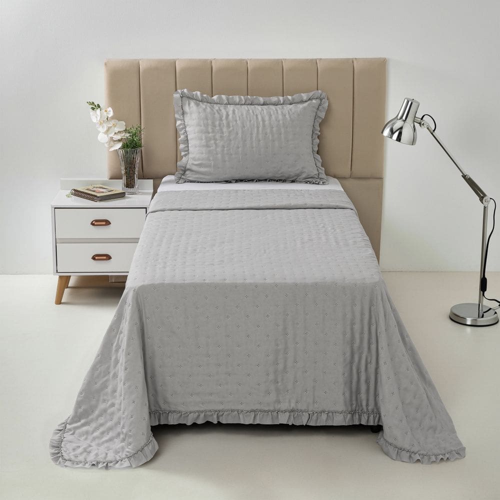Kit Colcha Cobre Leito 200 fios Solteiro 2 Peças Bella Cinza