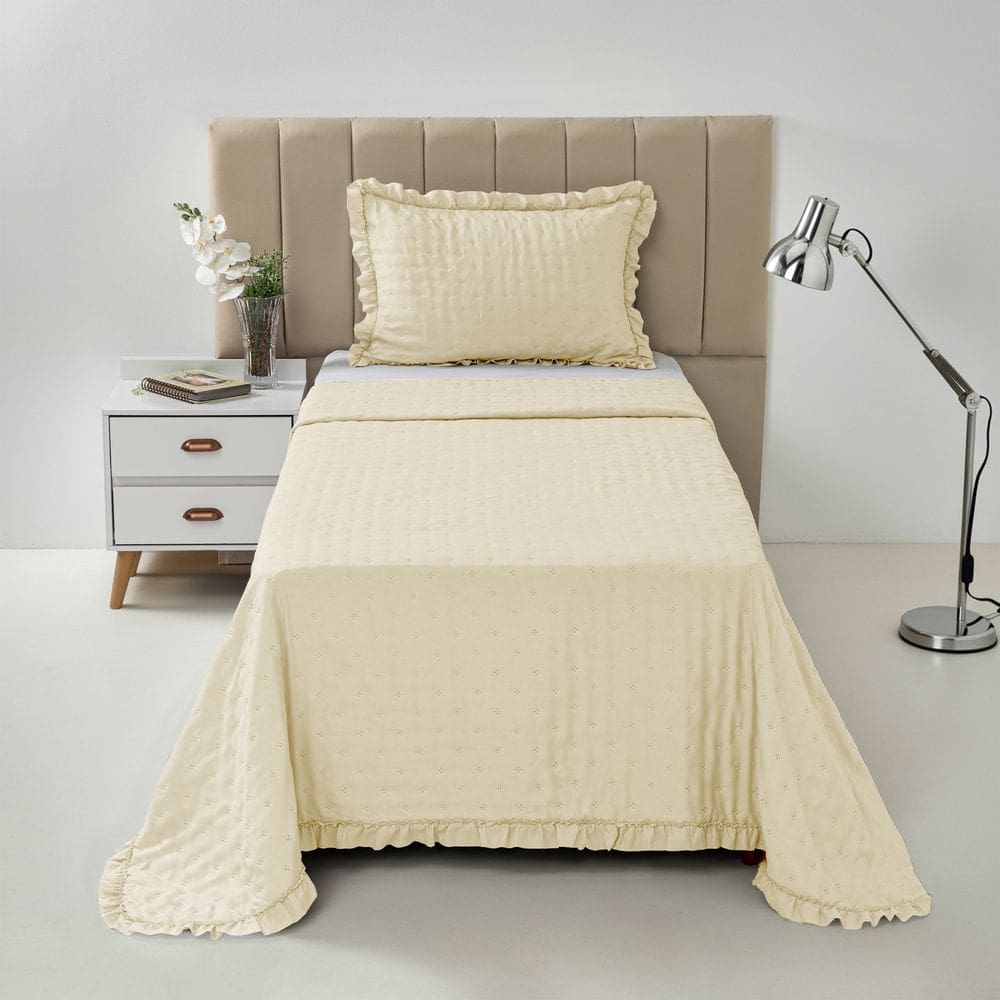 Kit Colcha Cobre Leito 200 fios Solteiro 2 Peças Bella Marfim