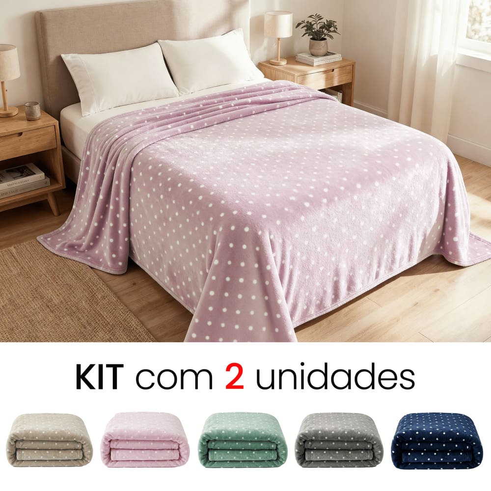 Kit 2 Mantas Cobertor Casal Corttex Poá 180x220cm Microfibra Antialérgico Super Macio Premium