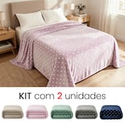 Kit 2 Mantas Cobertor Casal Corttex Poá 180x220cm Microfibra Antialérgico Super Macio Premium