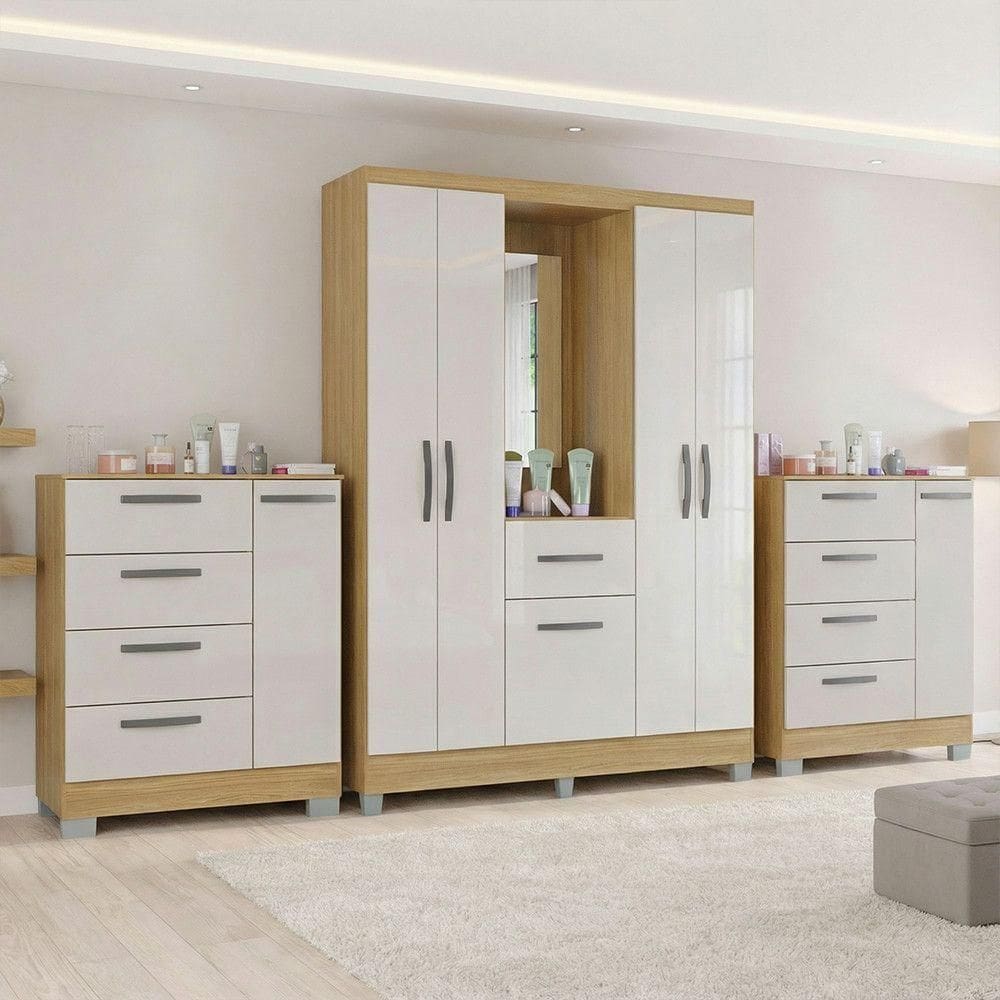 Kit Guarda Roupa Atlas 5 Portas E 2 Cômoda Poquema Damasco/off White