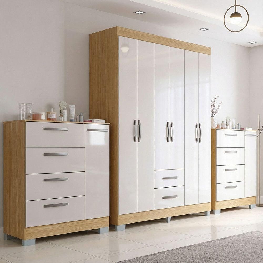 Kit Guarda Roupa Atenas E 2 Cômoda Poquema Damasco/off White