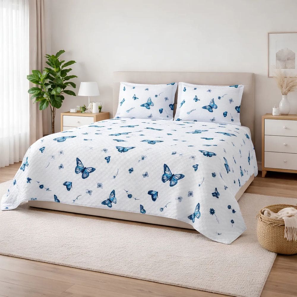 Cobre Leito Viúva 3 Peças 100% Algodão 200 Fios Borboletas Azuis
