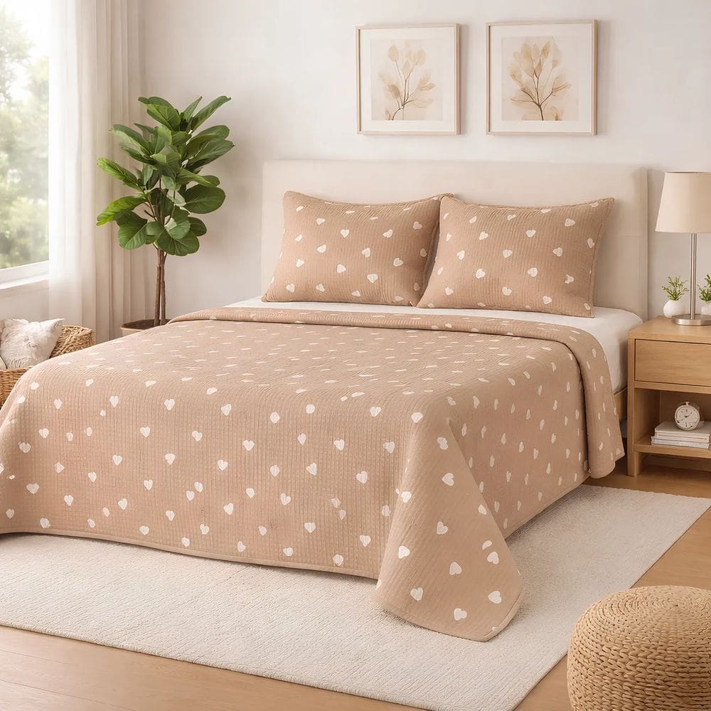 Cobre Leito King 3 Peças 100% Algodão 200 Fios Corações Cáqui