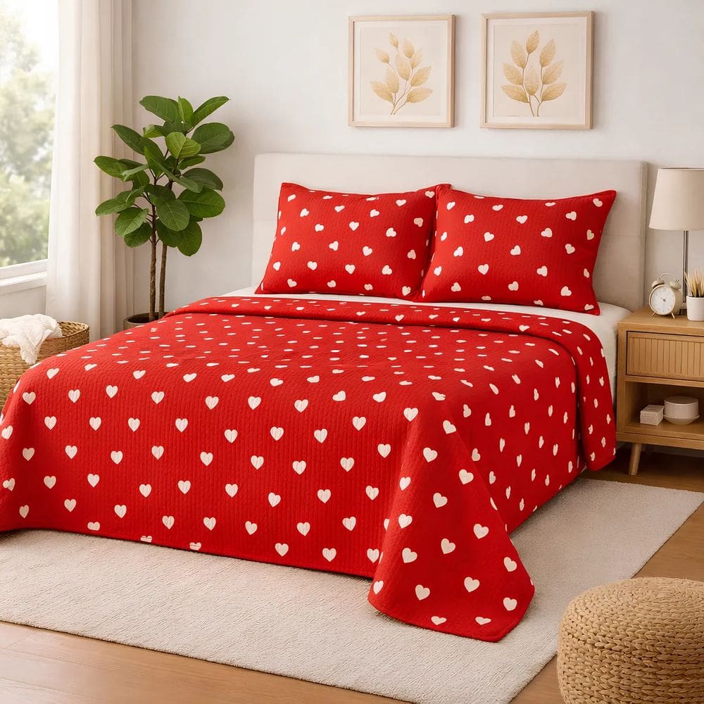 Cobre Leito King 3 Peças 100% Algodão 200 Fios Corações Vermelho
