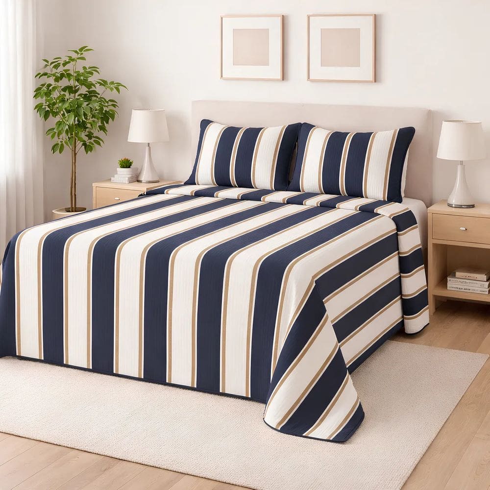 Cobre Leito Queen 3 Peças 100% Algodão 200 Fios Listrado