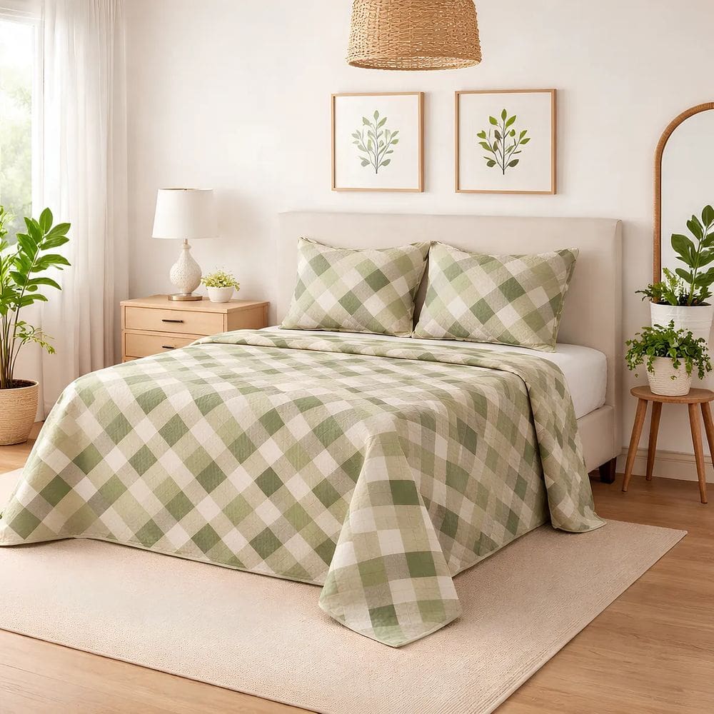 Cobre Leito Queen 3 Peças 100% Algodão 200 Fios Xadrez Verde