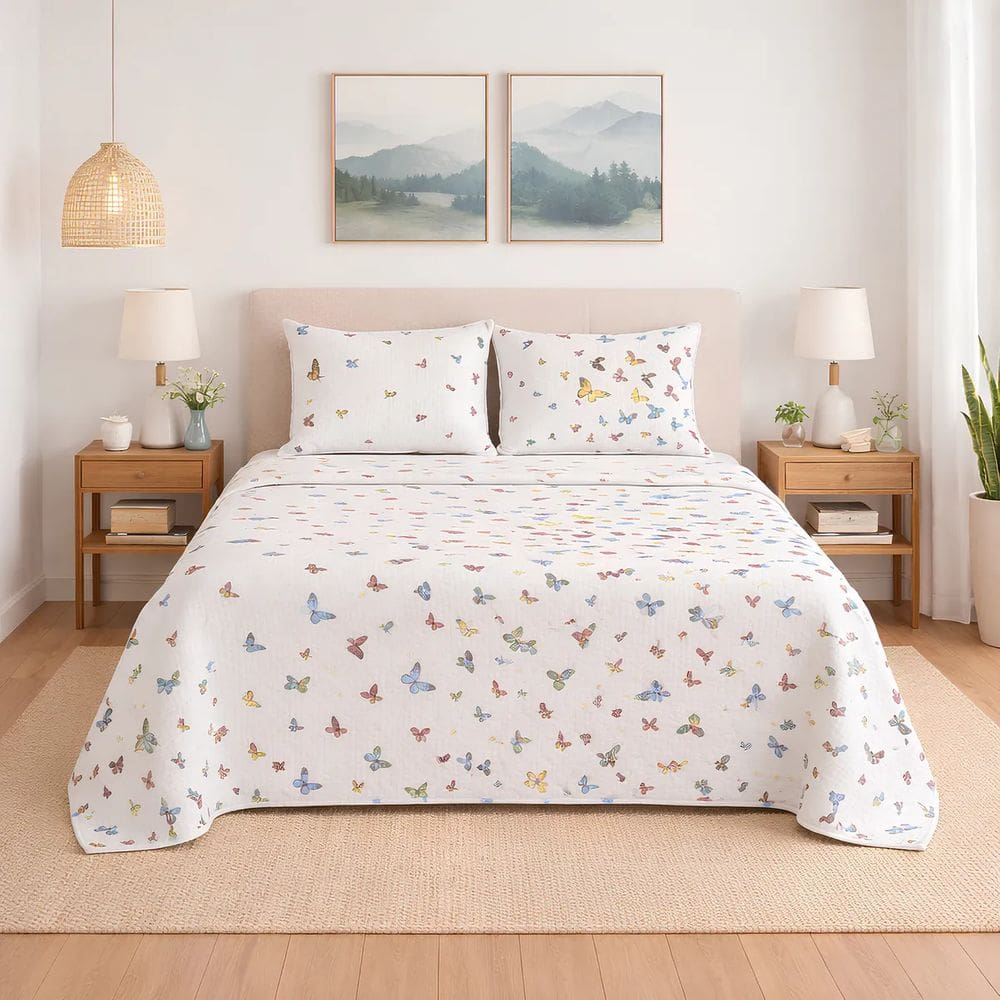 Cobre Leito King 3 Peças 100% Algodão 200 Fios Borboletas Coloridas