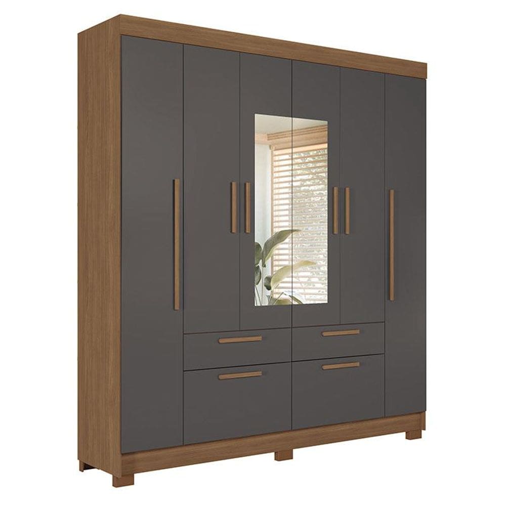 Guarda Roupa Casal 6 portas Guarapuava com espelho Jatobá Grafite - Santos Andirá