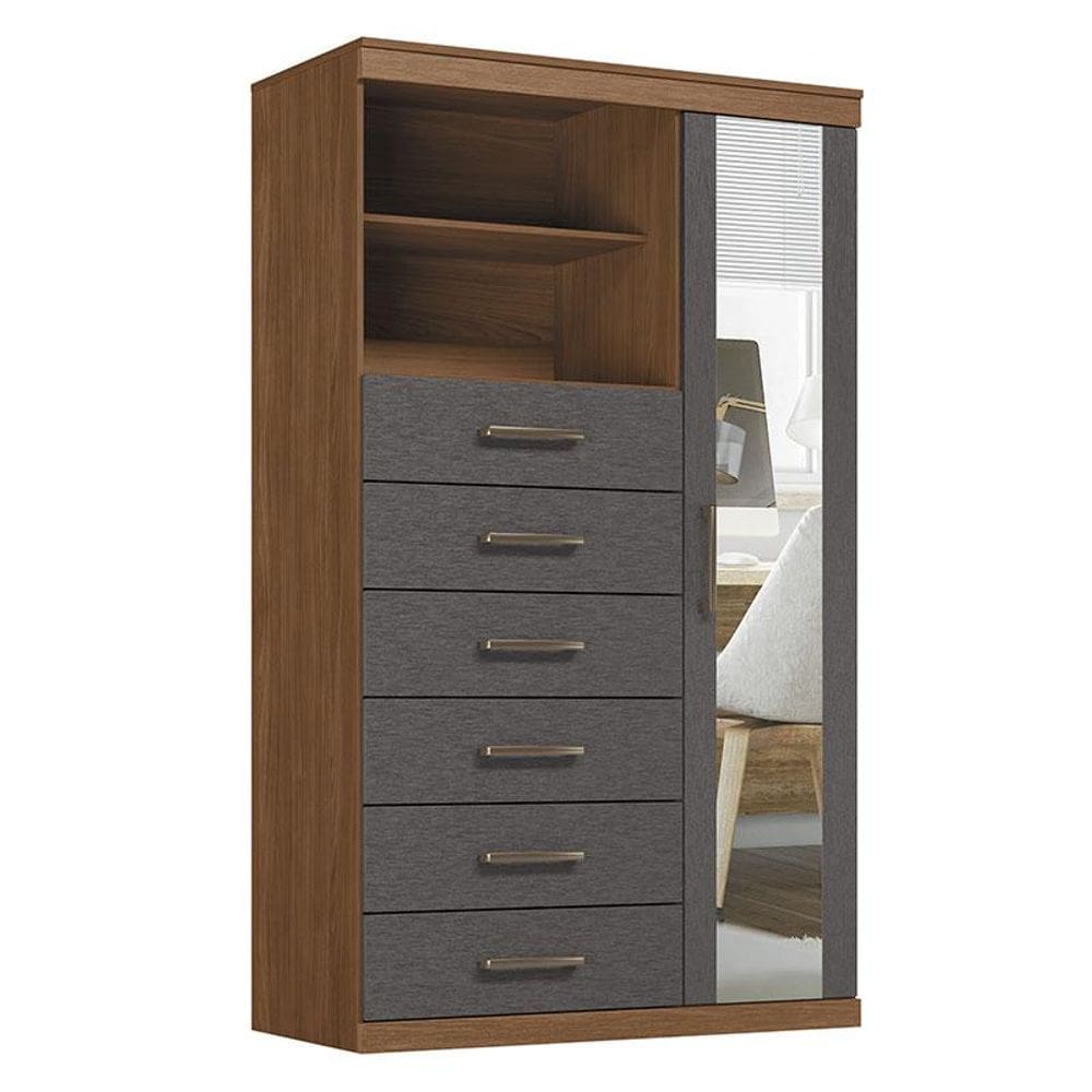 Comoda 1 porta 6 gavetas Marabá com espelho Jatobá Grafite Acetinado - Santos Andirá