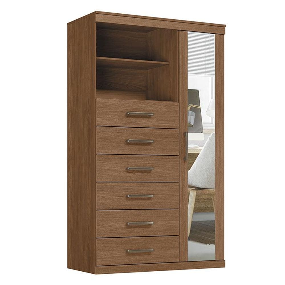 Comoda 1 porta 6 gavetas Marabá com espelho Jatobá Acetinado - Santos Andirá