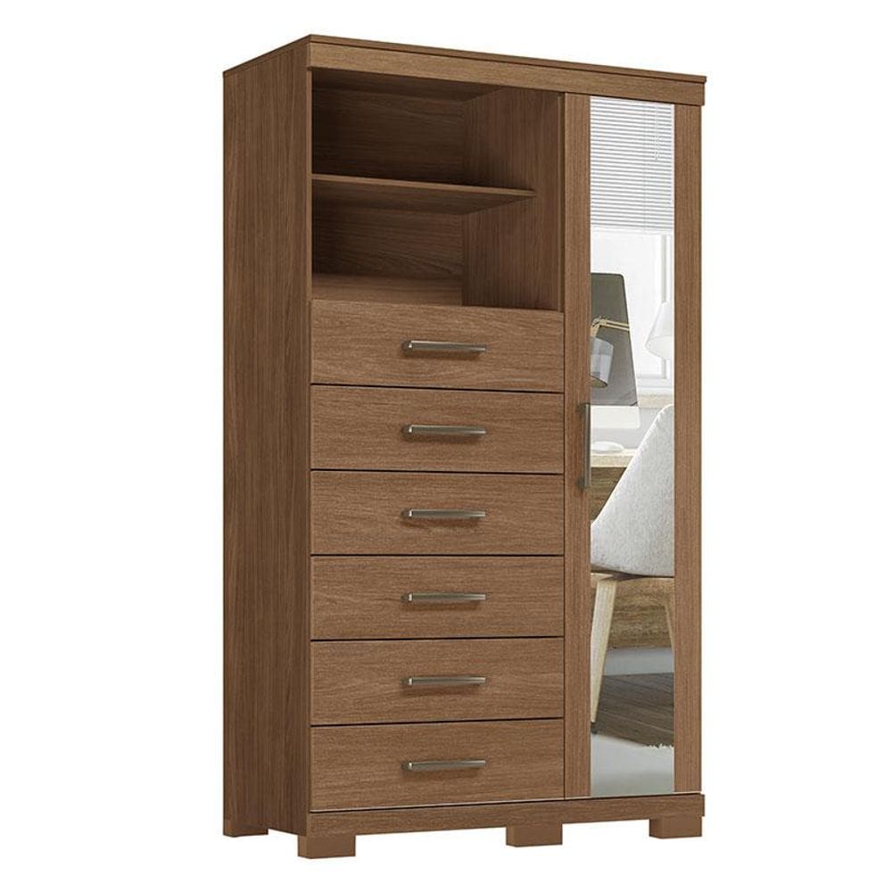 Comoda 1 porta 6 gavetas Marabá com espelho e pés Jatobá Acetinado - Santos Andirá