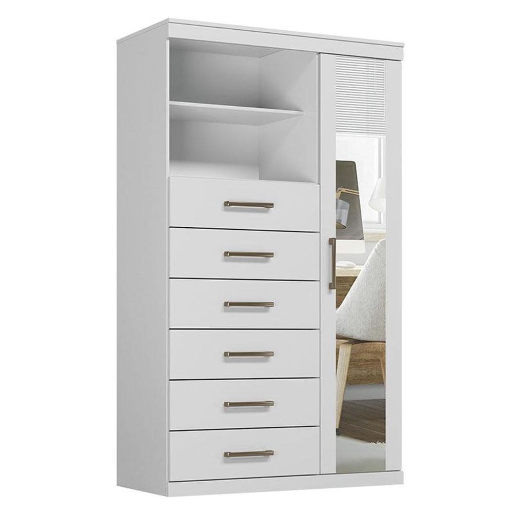 Comoda 1 porta 6 gavetas Marabá com espelho Branco Brilho - Santos Andirá