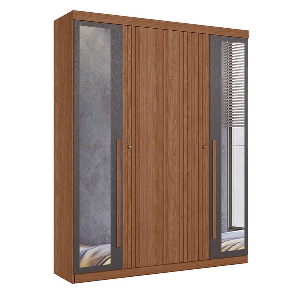 Guarda Roupa Casal Ripado 4 Portas Buriti com Espelho Jatobá Grafite Acetinado - Santos Andirá