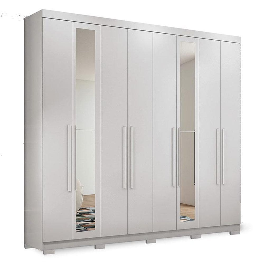 Guarda Roupa Casal 8 Portas 4 Gavetas Master New com Espelho e Pés Branco Brilho - Santos Andirá
