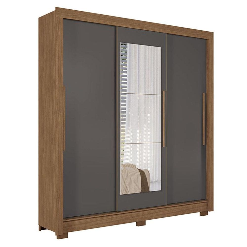 Guarda Roupa Casal 3 portas de correr Maringá com espelho Jatobá Grafite - Santos Andirá