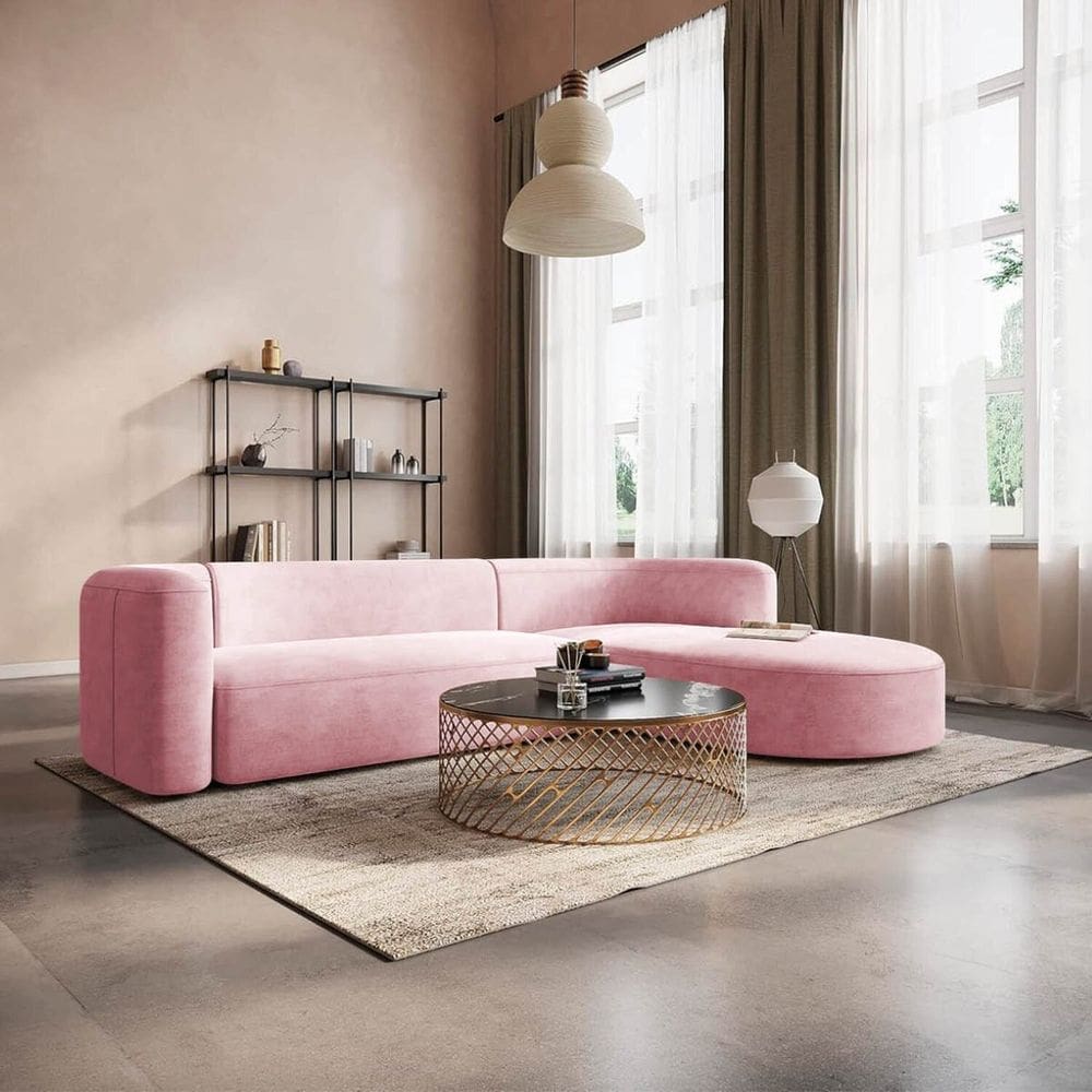 Sofá Modular Sala de Estar Decoração Luxo 265cm Lado Esquerdo Suede Celinne Luxuoso Rosa Bebê