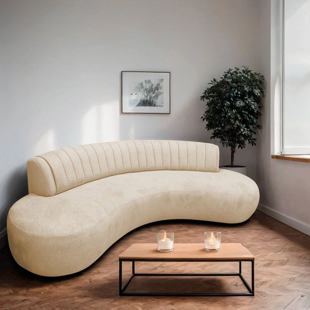 Divã Recamier Curvo Sala Estar Luxo 180cm Linho Celeste Bege