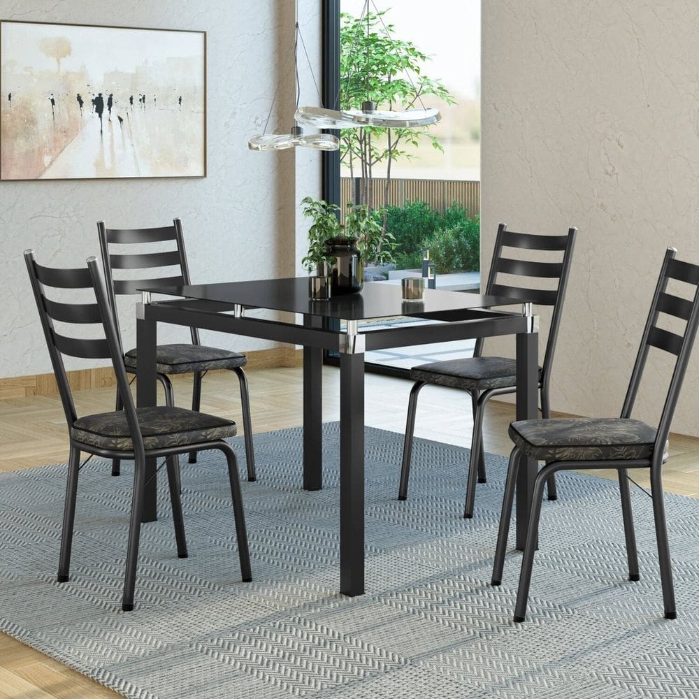 Conjunto Mesa 107x73cm Malva com 4 Cadeiras New Floral Dourado/Preto