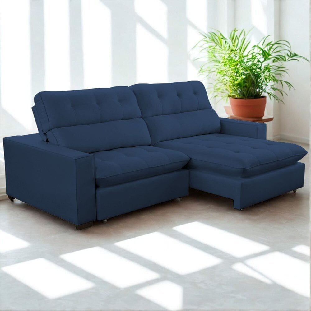 Sofa Retratil Reclinavel 2 Lugares 290cm Veludo Andreia Azul Marinho