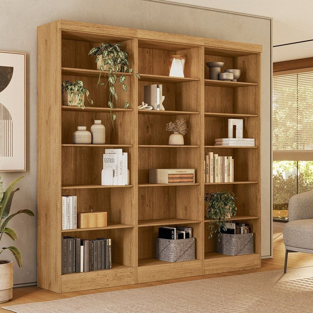 Conjunto com Três Estantes para Livros 15 Prateleiras 183x61,5cm Freijo Toq