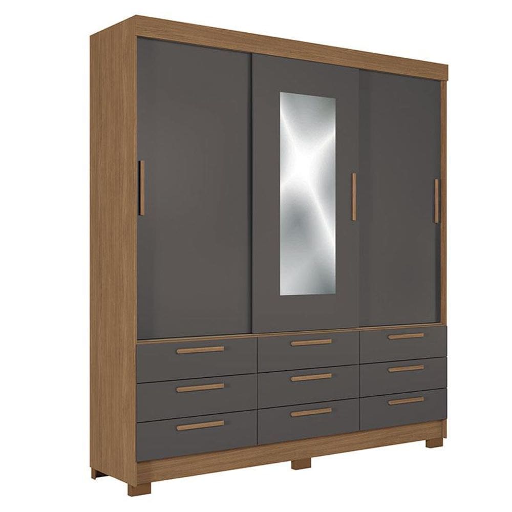 Guarda Roupa Casal 3 portas de correr 9 gavetas Morretes com espelho Jatobá Grafite - Santos Andirá